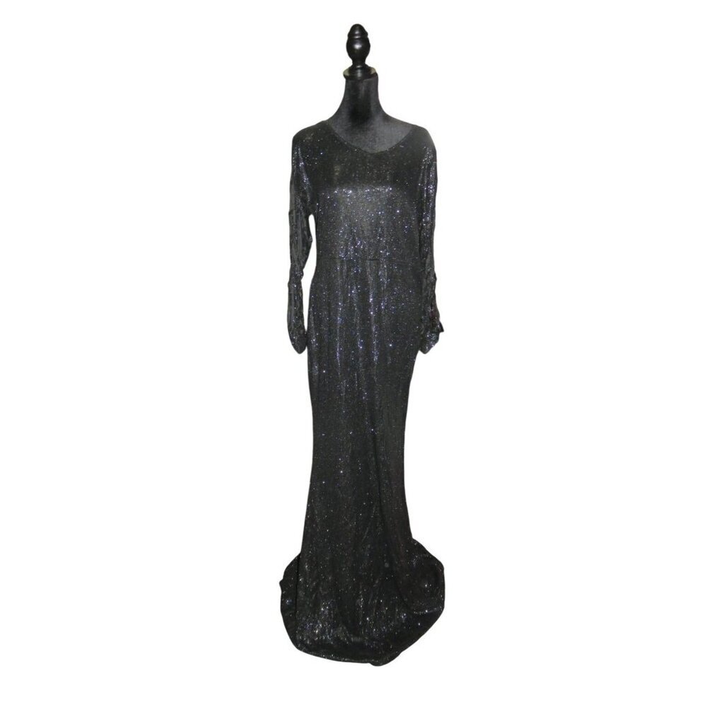 Black Maxi bodycon shimmer long ribbon sleeve mermaid bottom evening dress